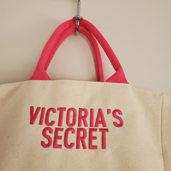 Victoria's Secret Cotton Canvas Tote Weekender Beige Cream Pink Orange - Picture 2 of 10